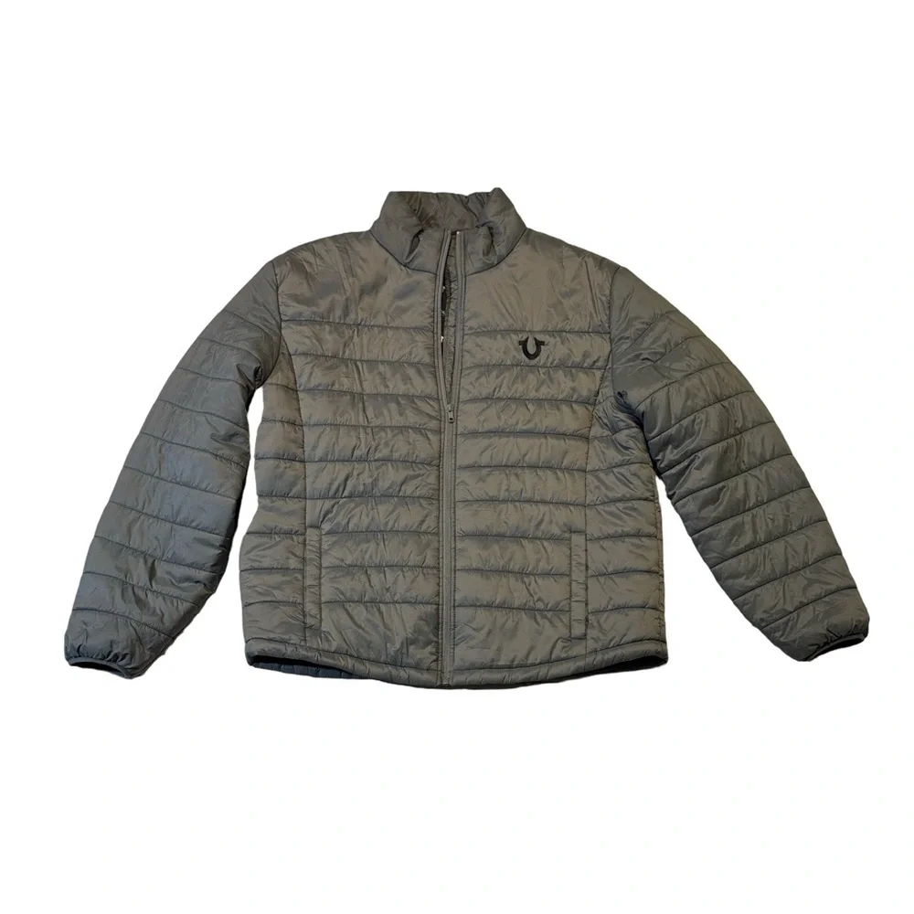 True Religion mens 2XL XXL gray solid puffer granite full zip jacket EUC